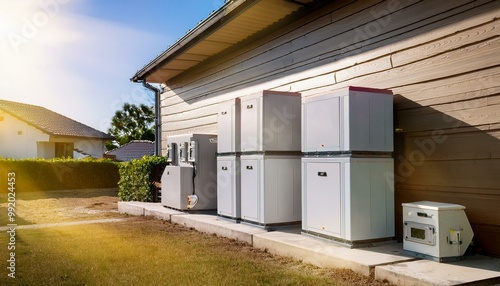 Concept of a home battery packs alternative electric energy storage system at modern home garage wall as backup or sustainable energy concepts.