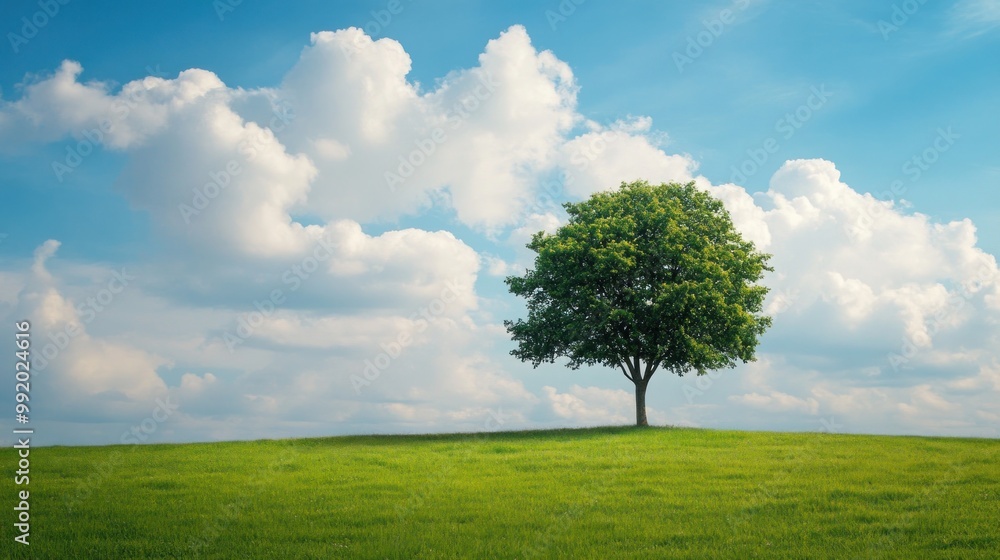 A single tree stands tall on a grassy hill against a blue sky with white clouds. A single tree stands tall on a grassy hill against a blue sky with white clouds.