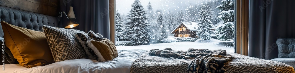 Inviting winter retreat with a cozy bed, luxurious throw blankets, and a picturesque snowfall visible from the bedroom. Inviting winter retreat with a cozy bed, luxurious throw blankets, and a picturesque snowfall visible from the bedroom.