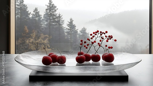 Yumberry fruit arranged suspended glass tray inside sleek mountaintop retreat panoramic view of misty forest minimalist decor softly visible behind promoting blend of modernity nature Scientific name photo