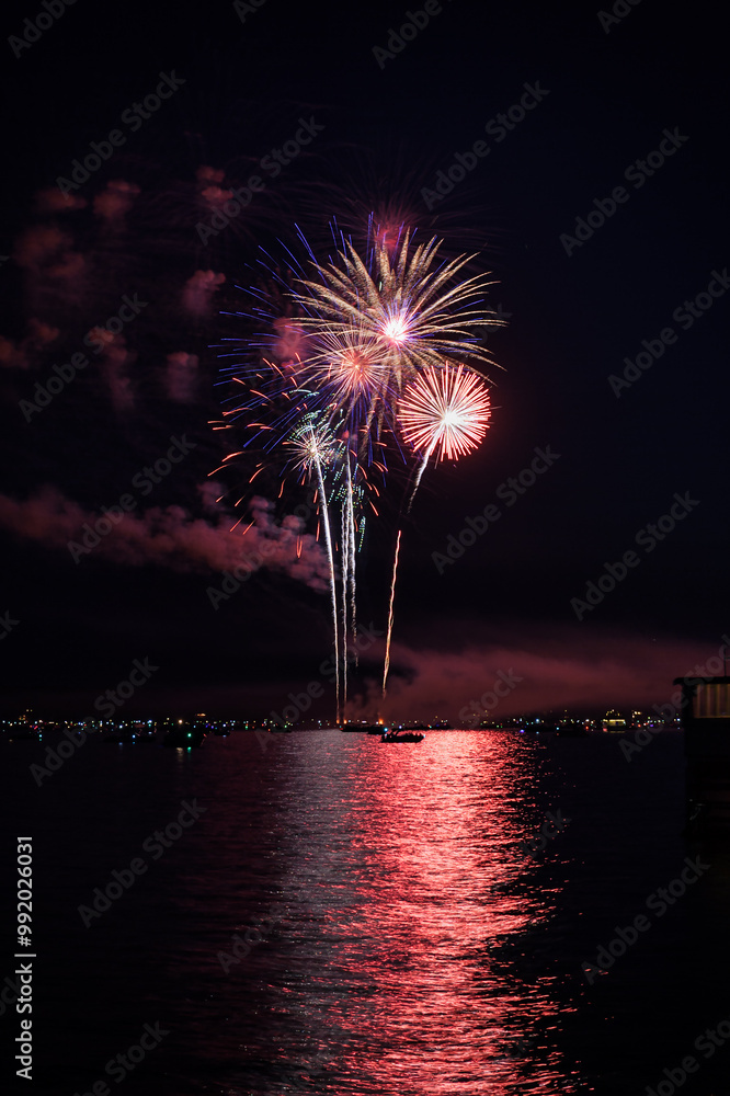 Fireworks Explode Over Lake With Boats - 4290