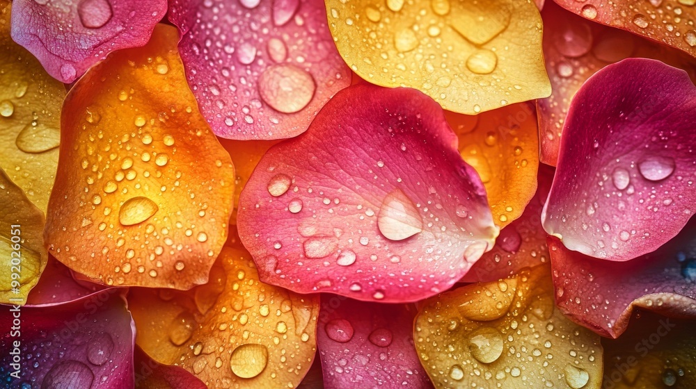 Vibrant rose petals and sparkling drops Vibrant rose petals and sparkling drops