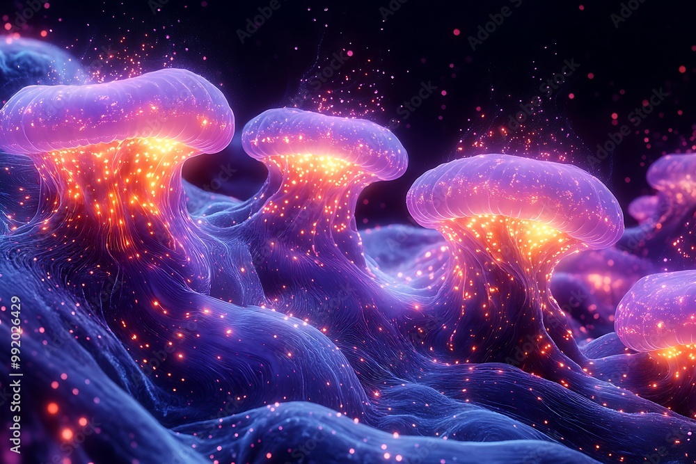 Naklejka premium Bioluminescent mushrooms glow in an ethereal landscape.