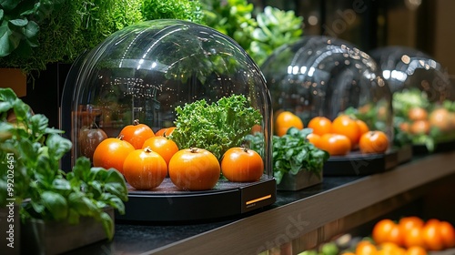 Yumberry fruit artistically framed futuristic transparent dome suspended above rooftop garden caf vibrant greenery ecofriendly design element softly visible behind promoting sustainability innovation photo