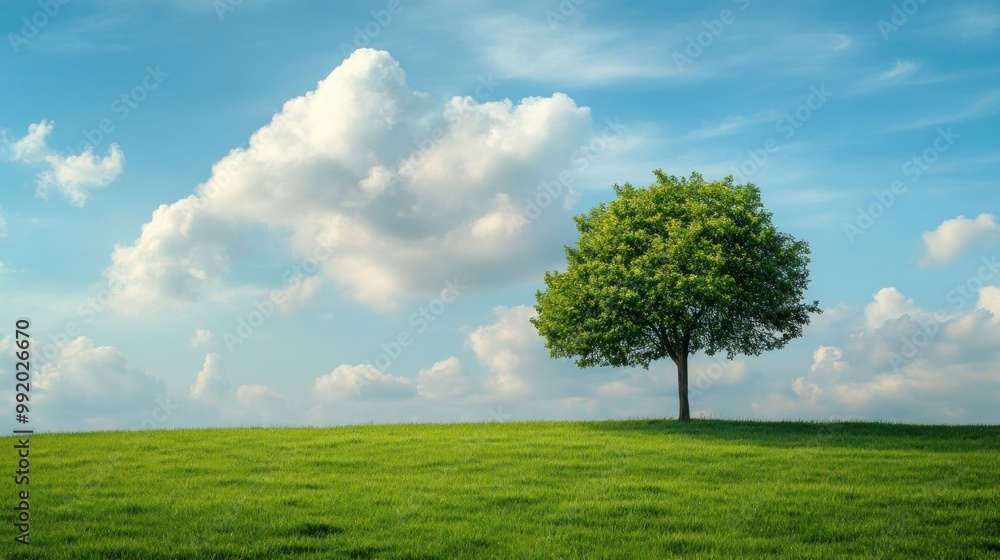 Fototapeta premium A lone tree stands tall in a field of green grass under a blue sky with white clouds.