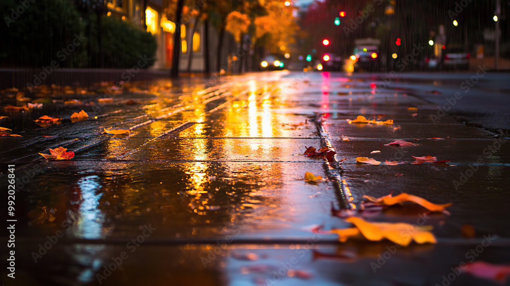 Fallen Leaves on Rainy City Pavement Fallen Leaves on Rainy City Pavement