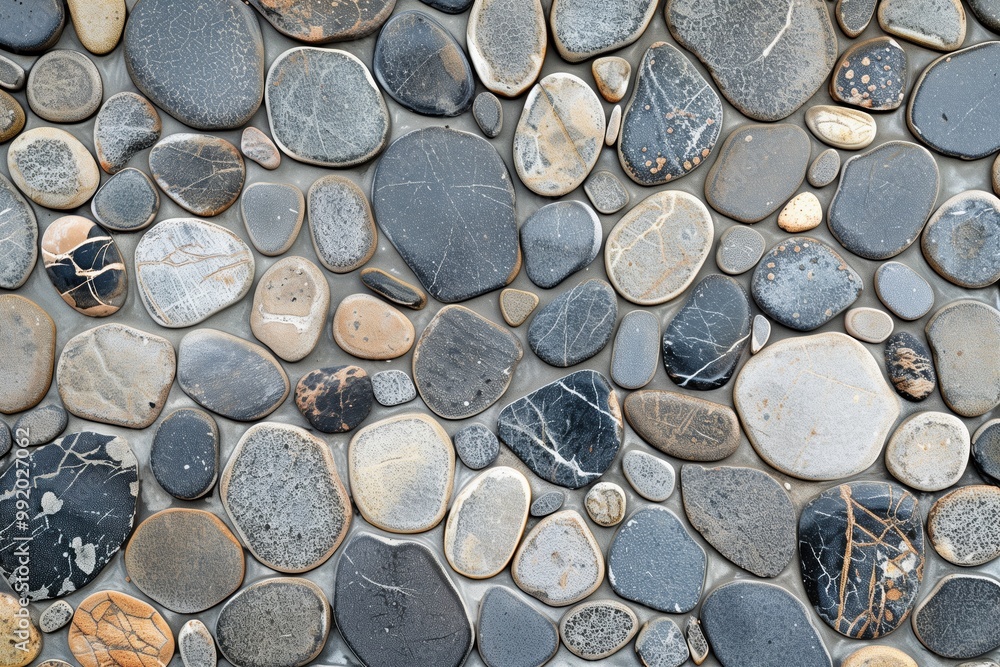 Variety of smooth, stone flooring rounded pebbles in different shades of gray, black, and beige. The stones are arranged closely together, showcasing their natural textures and patterns. Variety of smooth, stone flooring rounded pebbles in different shades of gray, black, and beige. The stones are arranged closely together, showcasing their natural textures and patterns.
