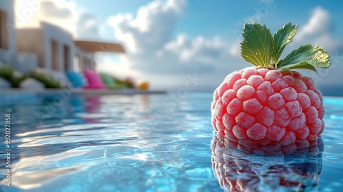 Yumberry fruit floating reflective surface luxury infinity pool surrounded sleek modern architecture colorful pool float softly blurred background creating exotic highend vacation setting Scientific photo