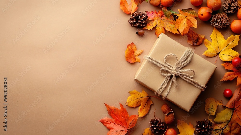 Gift box with autumn theme on paper Gift box with autumn theme on paper