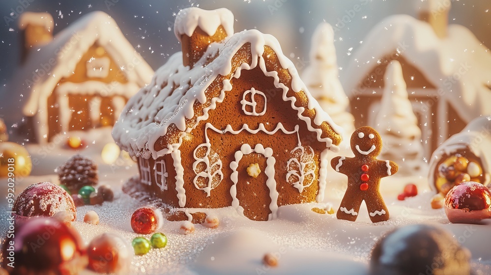 A house made of gingerbread with a gingerbread man and woman standing in front of it. A house made of gingerbread with a gingerbread man and woman standing in front of it.