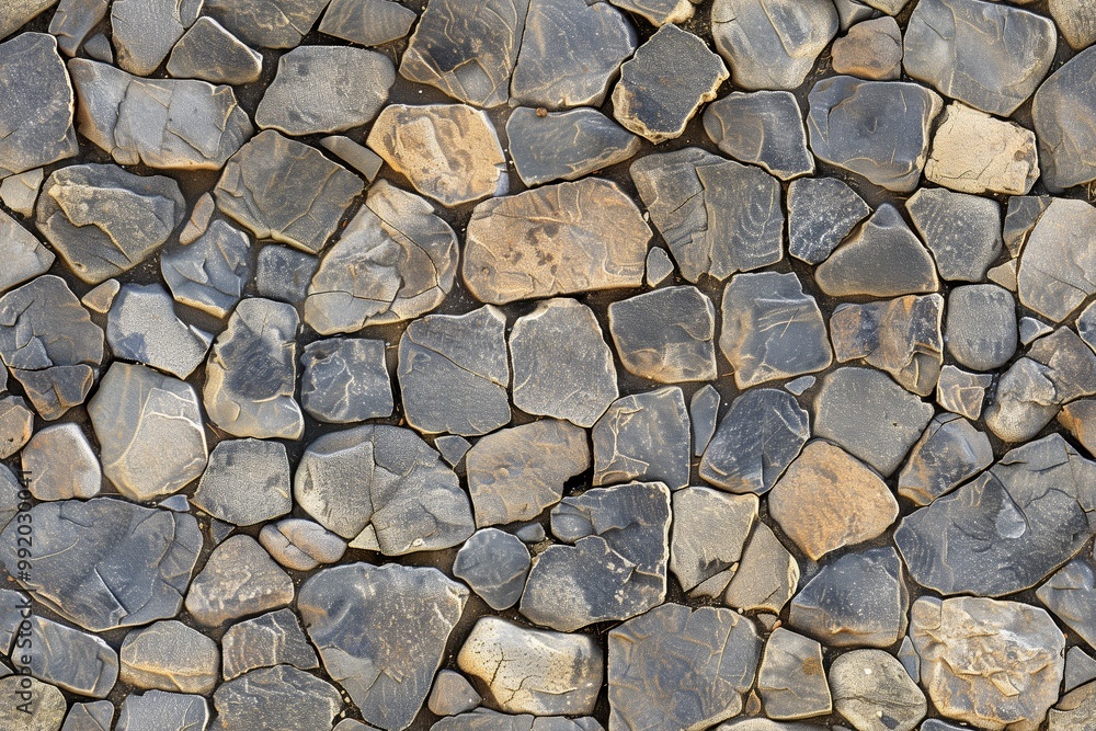 Fototapeta premium Textured stone road wall made of various sizes and shapes of gray and brown stones. The stones are arranged closely together, showcasing their natural patterns and colors.