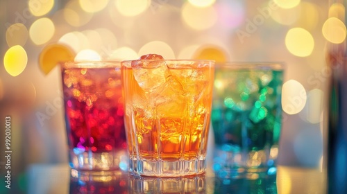 Three Colorful Cocktails with Ice Cubes on a Countertop with a Bokeh Background