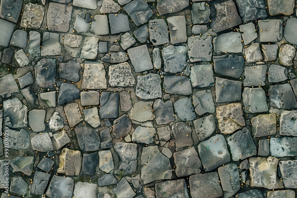 Obraz premium Cobblestone stone road pavement featuring various shapes and sizes of stones in shades of gray and brown. The stones are arranged in a seemingly random pattern, showcasing.