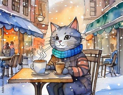 Cool Cat Drinking Coffee in Winter Street Scene