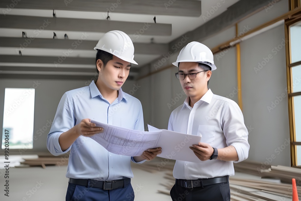 Asian contractor and engineer inspecting material in construction building Asian contractor and engineer inspecting material in construction building