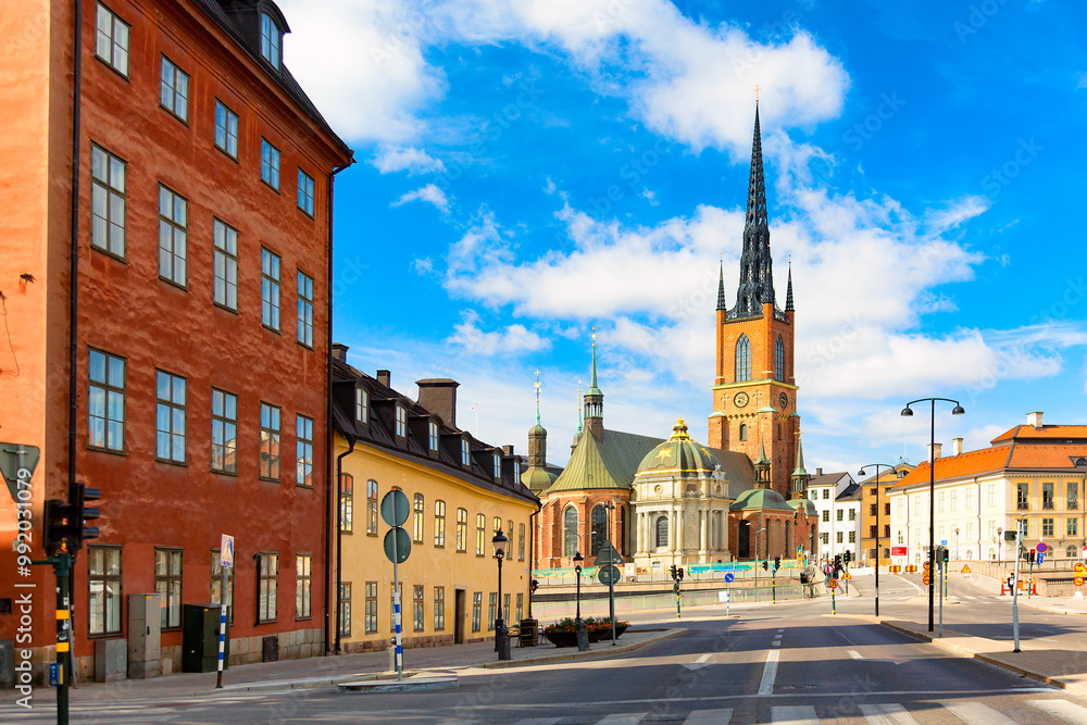 Fototapeta premium Riddarholmen church in Gamla Stan during summer sunny day. Stockholm, Sweden.