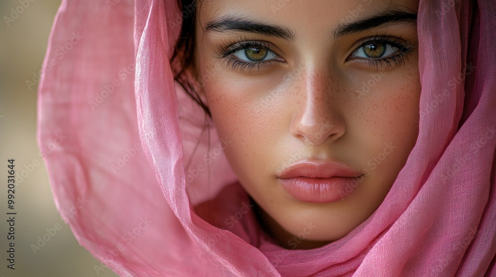 Close up portrait of a young woman with pink scarf, looking at the camera. Close up portrait of a young woman with pink scarf, looking at the camera.