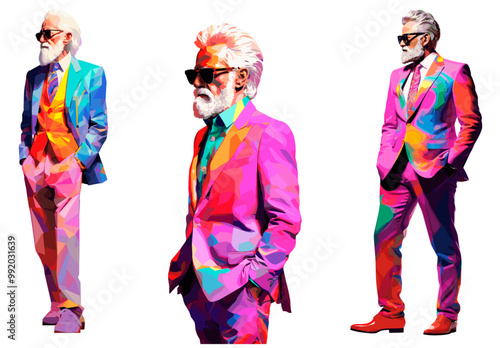 Modern pop art illustration of three mature attractive man wearing colorful modern suits