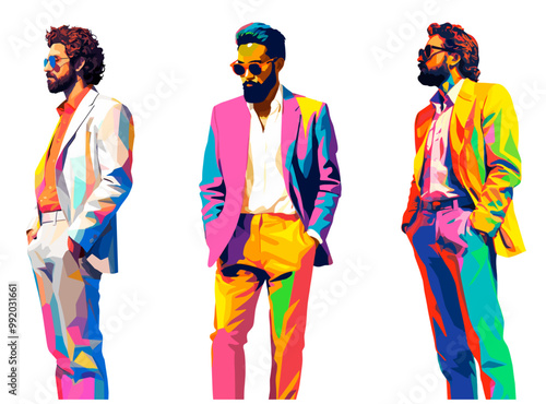 Colorful pop art modern illustration of three Latin man in suit
