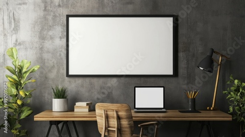 Mock-up of a blank rectangle canvas in a horizontal black frame, set above a desk against a wood wall, designed in a minimalist style with ample copy space for text.