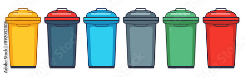 Minimalist illustration of set of colorful garbage bins over white transparent background