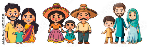 Set of Indian, Mexican and Muslim families stickers illustration