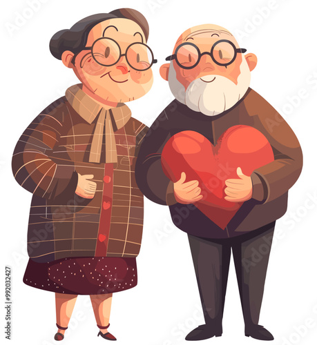 Grandparents illustration holding heart in their hand. Cartoon illustration over isolated transparent background