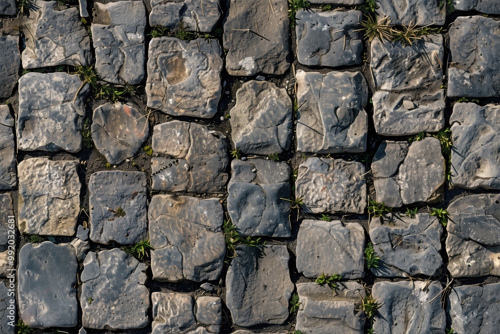 A close-up view of an old stone road cobblestone pavement with irregularly shaped stones. Some grass is growing between the stones, adding a touch of greenery to the rugged surface. A close-up view of an old stone road cobblestone pavement with irregularly shaped stones. Some grass is growing between the stones, adding a touch of greenery to the rugged surface.