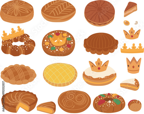 Variations for the French Epiphany cake: la galette des rois. Flat icon, vector icon set. Three kings cake.
