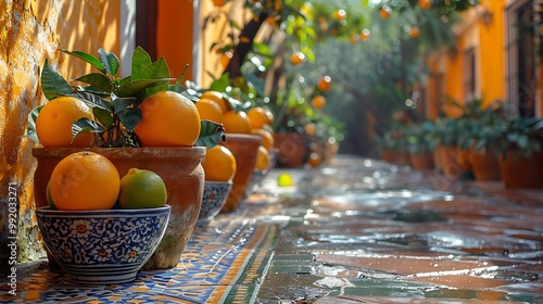 Spanish lime fruit arranged artistically mosaictiled patio vibrant reflection of sunlight vivid color of surrounding potted plant creating lively Mediterraneaninspired atmosphere Scientific name photo