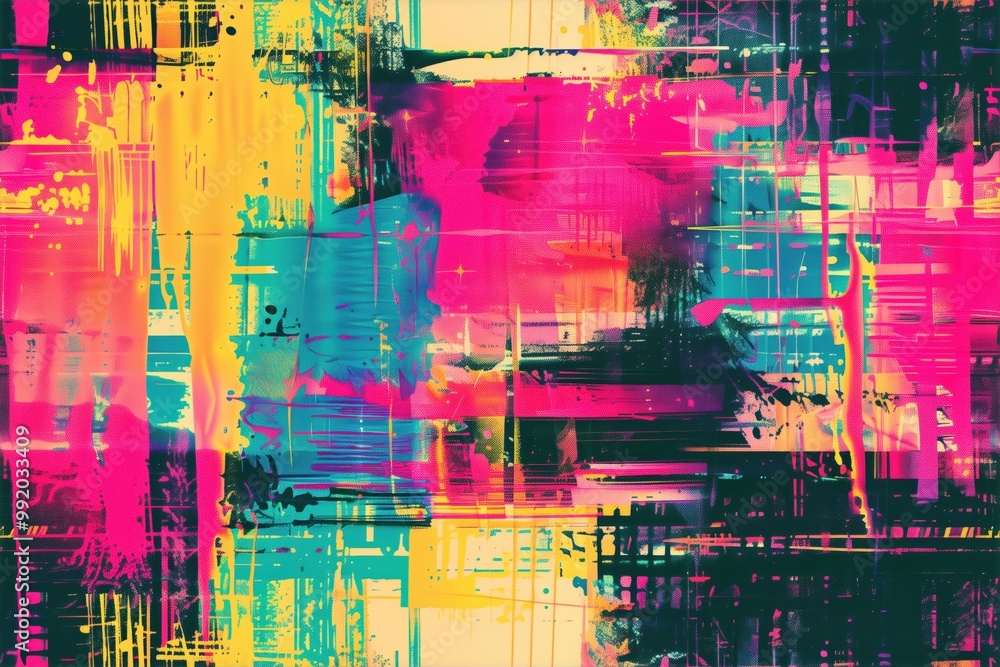 Seamless vibrant abstract distressed distortion painting featuring bold strokes of pink, yellow, and teal against a textured background. Seamless vibrant abstract distressed distortion painting featuring bold strokes of pink, yellow, and teal against a textured background.
