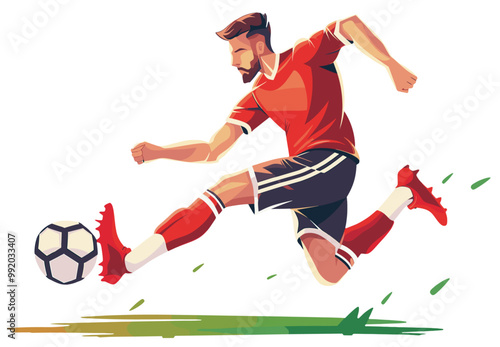 Soccer player kicking the ball. Colorful flat design illustration