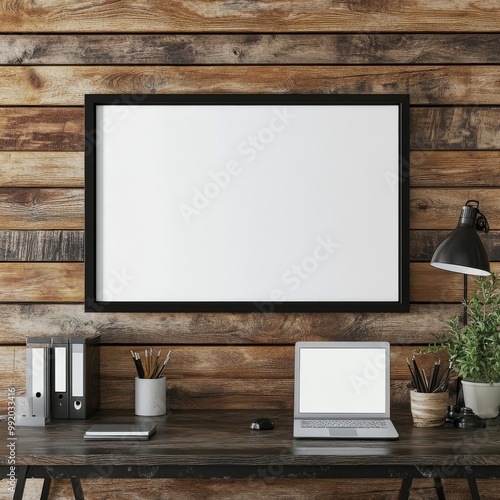 Mock-up of a blank rectangle canvas in a horizontal black frame, set above a desk against a wood wall, designed in a minimalist style with ample copy space for text.
