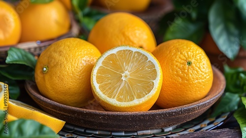 Spanish lime fruit arranged artistically mosaictiled patio vibrant reflection of sunlight vivid color of surrounding potted plant creating lively Mediterraneaninspired atmosphere Scientific name photo