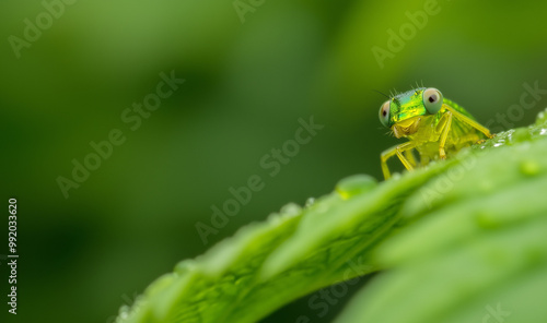 A close-up of a tiny green insect perched on a dew-covered leaf, its large eyes and vibrant colors standing out against the soft, blurred green background.