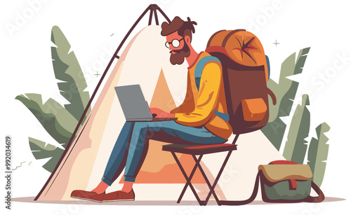 Digital nomad working in laptop while camping in the wild. Flat design illustration