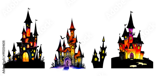Hand painted watercolor witch castles for Halloween on transparent background