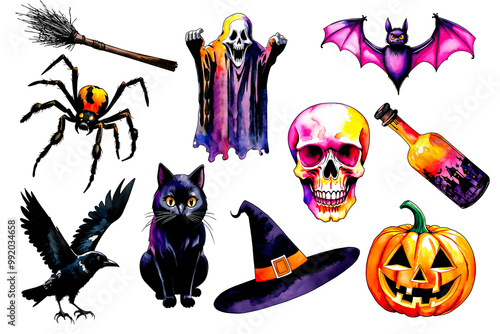 Hand drawn watercolor Halloween characters and symbols on transparent background. Halloween image set: witch broom, ghost, bat, spider, skull, poison, raven, black cat, witch hat, jack-o-lantern