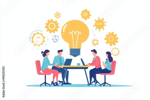 business people working together as a team, in a meeting or brainstorming session at an office desk with gears and light bulbs on a white background Generative AI