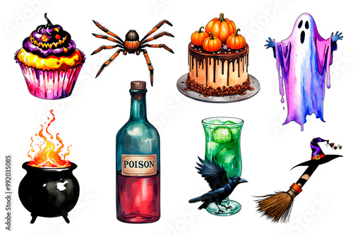 Hand drawn watercolor Halloween characters, food and symbols on transparent background. Halloween image set: cupcake, spider, cake, ghost, witchs cauldron, poison, cocktail, broom and witchs hat