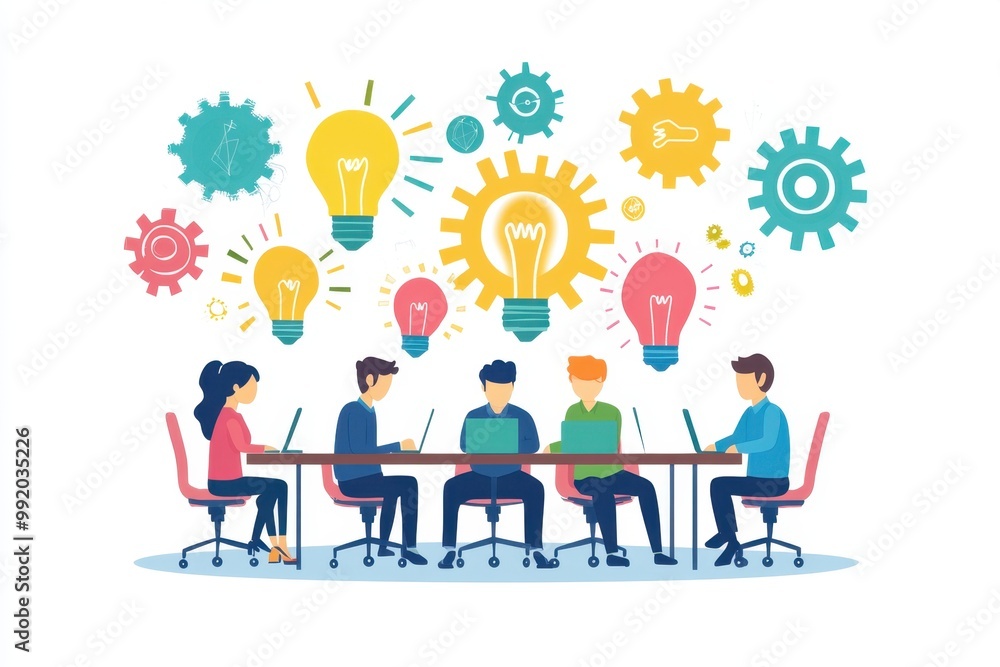 Cartoon-style flat design, simple lines and a white background, people sitting at a table working together, with light bulbs above their heads in an office space with gears behind them Generative AI Cartoon-style flat design, simple lines and a white background, people sitting at a table working together, with light bulbs above their heads in an office space with gears behind them Generative AI