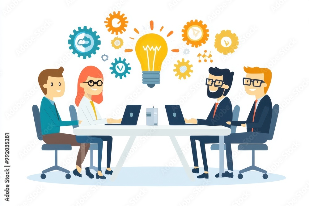 people sitting at a table, having an idea with light bulbs and gears around them on a white background Generative AI people sitting at a table, having an idea with light bulbs and gears around them on a white background Generative AI