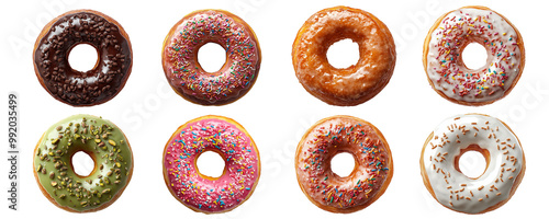 Delicious Donut Collection on Transparent Background: An Irresistible Assortment of Sweet Treats in Various Flavors and Toppings – Perfect for Food Photography, Dessert Inspiration, and Celebrations.