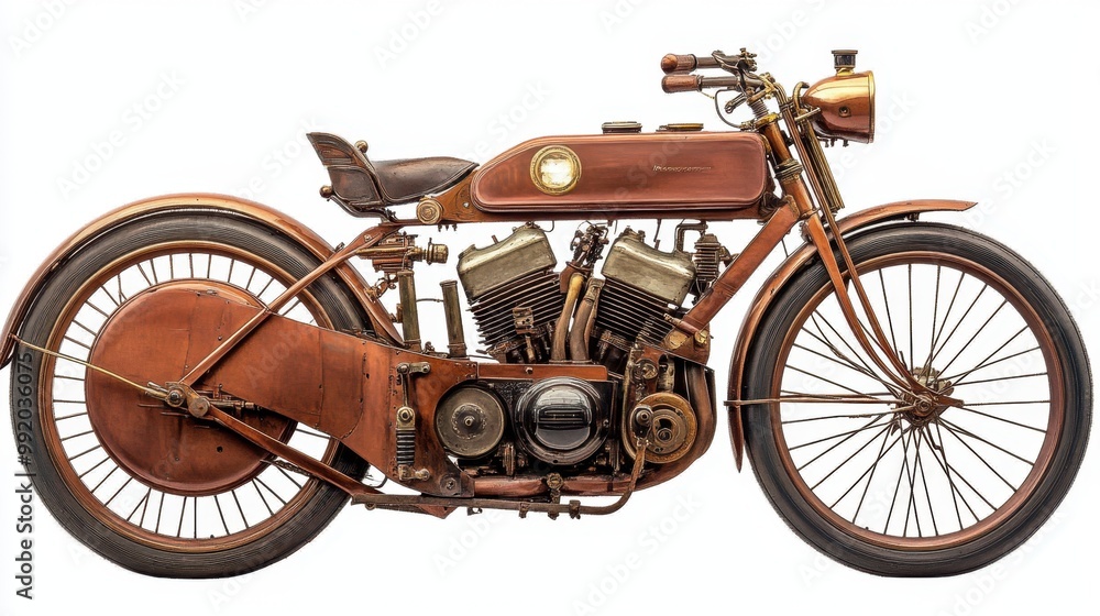 A visually captivating antique motorcycle with an imaginative and classic design, set against a
