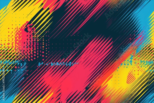 Wallpaper Mural Seamless vibrant abstract halftone glitch background featuring bold diagonal stripes in pink, yellow, and blue. The design includes dotted patterns and a mix of colors. Torontodigital.ca