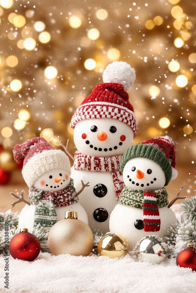 Three snowman wearing winter hats and scarves in a festive scene replete with unfocused lights and Christmas decorations