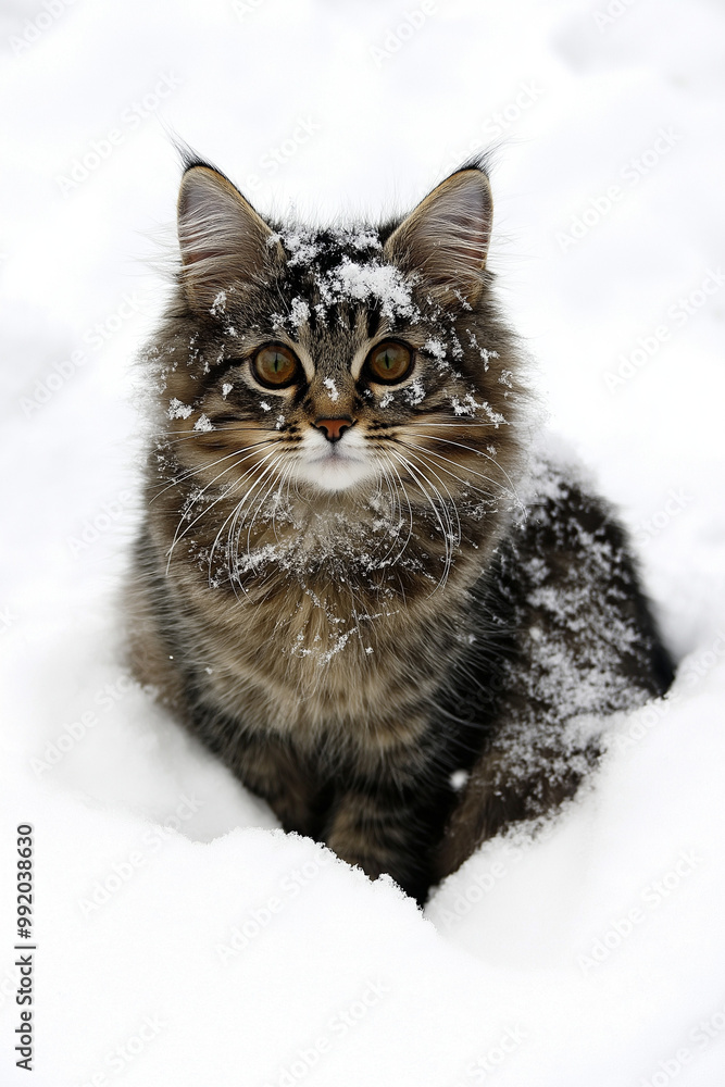 Fluffy cat sitting in snow with snowflakes on its face and fur, looking curious Fluffy cat sitting in snow with snowflakes on its face and fur, looking curious