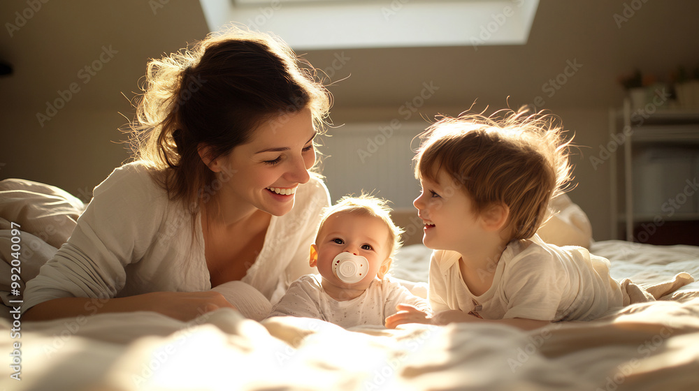 Smiling mother bonding with her three young children on a sunny morning, warmth and love in a cozy home Smiling mother bonding with her three young children on a sunny morning, warmth and love in a cozy home