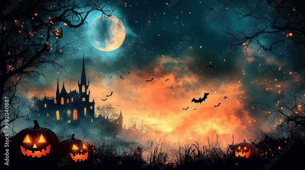 A Halloween scene with a castle and bats flying in the sky A Halloween scene with a castle and bats flying in the sky