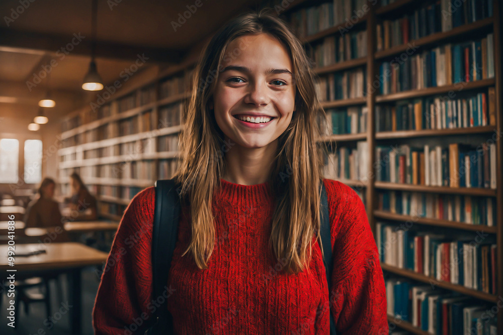 Portrait of a Happy Smiling Young Student. Joyful Female Wearing a red Jumper, Looking Around the Library, Searching for Textbooks for Lecture